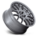 Tilted side view of a Rotiform ZWS a 1 piece cast aluminum multi spoke automotive wheel in a gloss anthracite finish with a black Rotiform center cap with a silver Rotiform logo