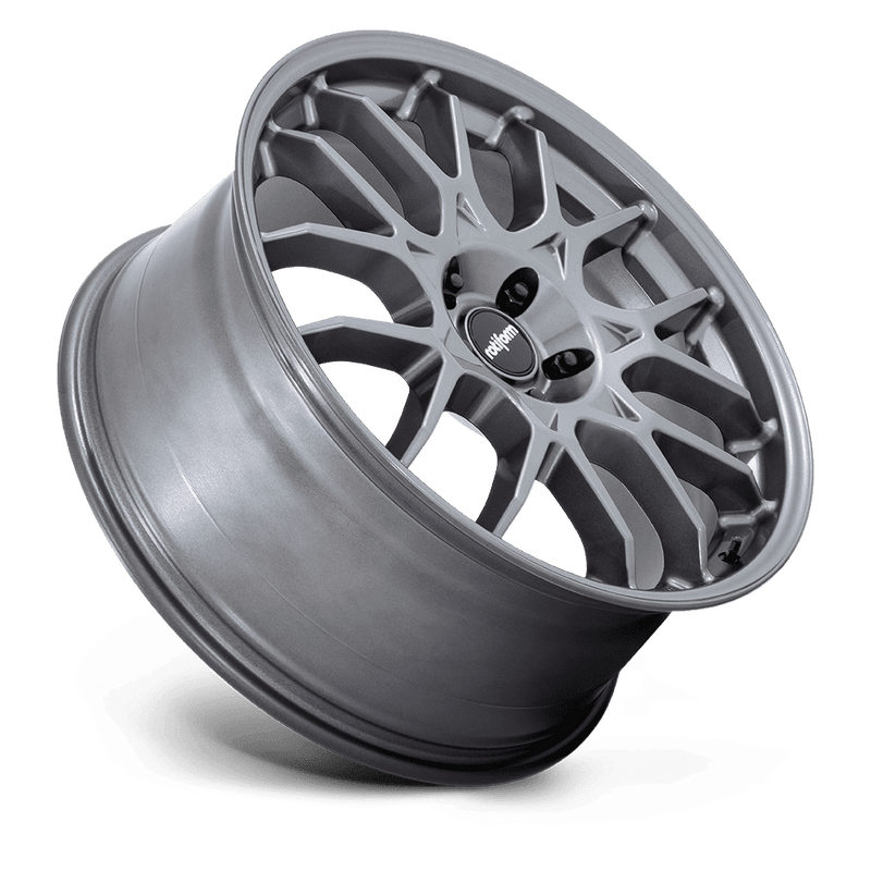 Tilted side view of a Rotiform ZWS a 1 piece cast aluminum multi spoke automotive wheel in a gloss anthracite finish with a black Rotiform center cap with a silver Rotiform logo