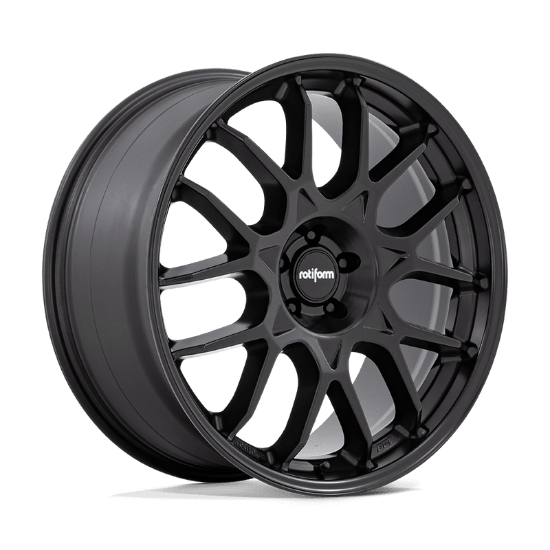 Rotiform ZWS a 1 piece cast aluminum multi spoke automotive wheel in a matte black finish with a black center cap with a silver Rotiform logo