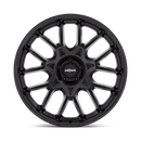 Front face view of a Rotiform ZWS a 1 piece cast aluminum multi spoke automotive wheel in a matte black finish with a black center cap with a silver Rotiform logo