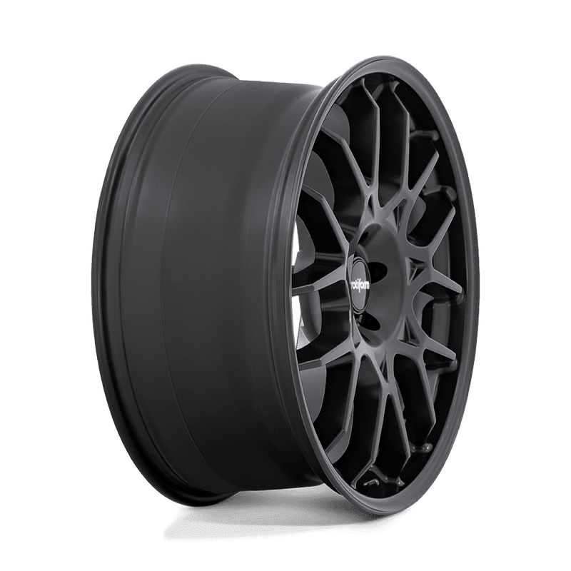 Side view of a Rotiform ZWS a 1 piece cast aluminum multi spoke automotive wheel in a matte black finish with a black center cap with a silver Rotiform logo