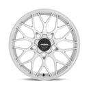 Front face view of a Rotiform SGN monoblock cast aluminum 10 spoke automotive wheel in a gloss silver finish with a black center cap with a silver Rotiform logo.
