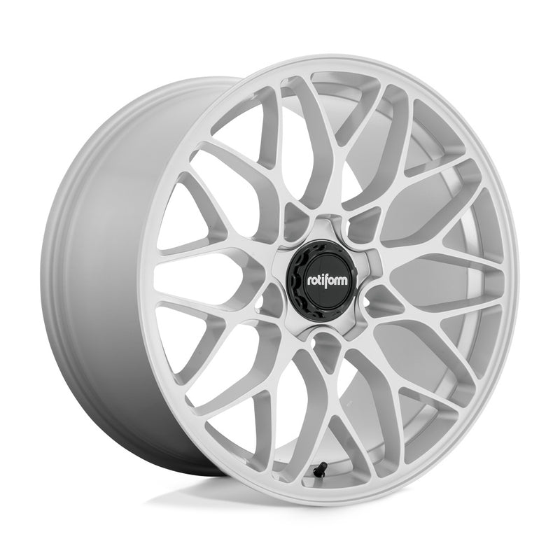 Rotiform SGN monoblock cast aluminum 10 spoke automotive wheel in a gloss silver finish with a black center cap with a silver Rotiform logo.