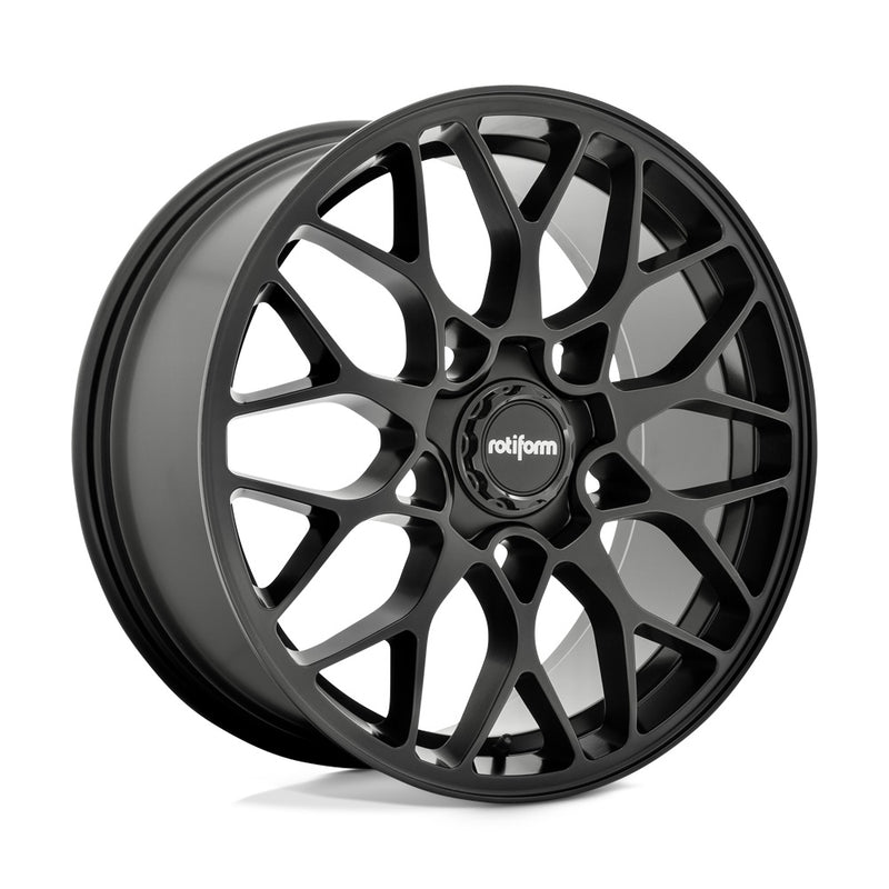 Rotiform SGN monoblock cast aluminum 10 spoke automotive wheel in a matte black finish with a black center cap with a silver Rotiform logo.