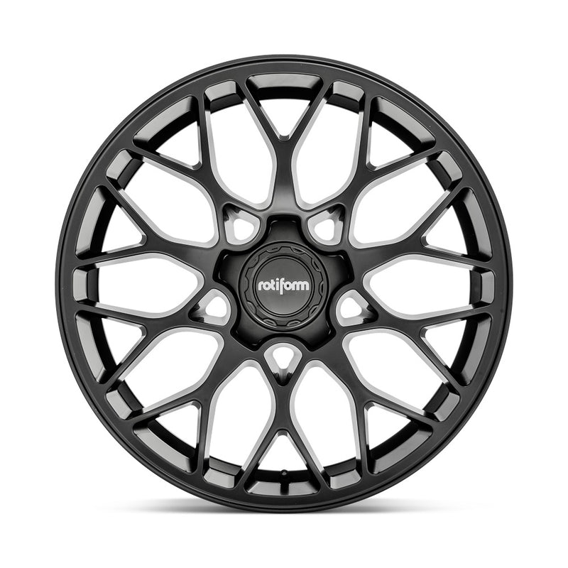 Front face view of a Rotiform SGN monoblock cast aluminum 10 spoke automotive wheel in a matte black finish with a black center cap with a silver Rotiform logo.
