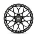 Front face view of a Rotiform SGN monoblock cast aluminum 10 spoke automotive wheel in a matte black finish with a black center cap with a silver Rotiform logo.