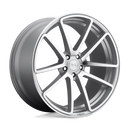 Rotiform SPF monoblock cast aluminum 5 double spoke design automotive wheel in a machined gloss silver finish with an embossed  Rotiform logo on the outer edge lip and a silver Rotiform logo center cap.
