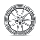 Front face view of a Rotiform SPF monoblock cast aluminum 5 double spoke design automotive wheel in a machined gloss silver finish with an embossed Rotiform logo on the outer edge lip and a silver Rotiform logo center cap.