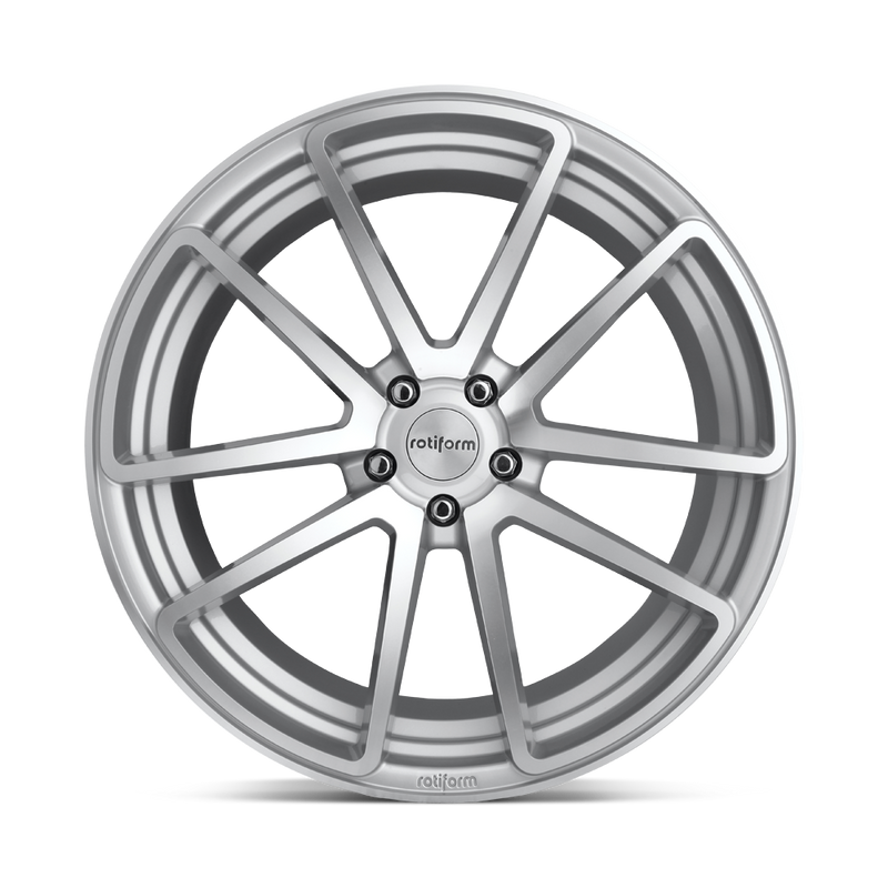 Front face view of a Rotiform SPF monoblock cast aluminum 5 double spoke design automotive wheel in a machined gloss silver finish with an embossed Rotiform logo on the outer edge lip and a silver Rotiform logo center cap.