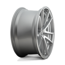 Side view of a Rotiform SPF monoblock cast aluminum 5 double spoke design automotive wheel in a machined gloss silver finish with an embossed Rotiform logo on the outer edge lip and a silver Rotiform logo center cap.