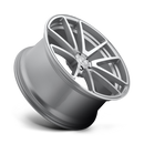 Tilted side view of a Rotiform SPF monoblock cast aluminum 5 double spoke design automotive wheel in a machined gloss silver finish with an embossed Rotiform logo on the outer edge lip and a silver Rotiform logo center cap.