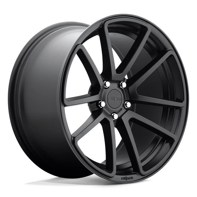 Rotiform SPF monoblock cast aluminum 5 double spoke design automotive wheel in a matte black finish with an embossed Rotiform logo on the outer edge lip and a black Rotiform logo center cap.