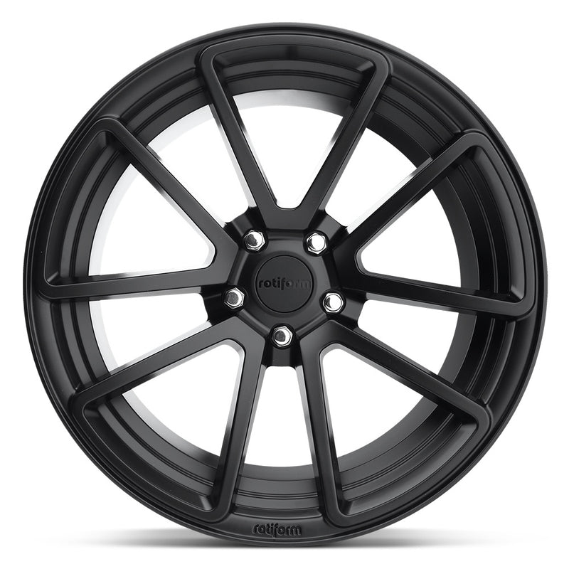Front face view of a Rotiform SPF monoblock cast aluminum 5 double spoke design automotive wheel in a matte black finish with an embossed Rotiform logo on the outer edge lip and a black Rotiform logo center cap.