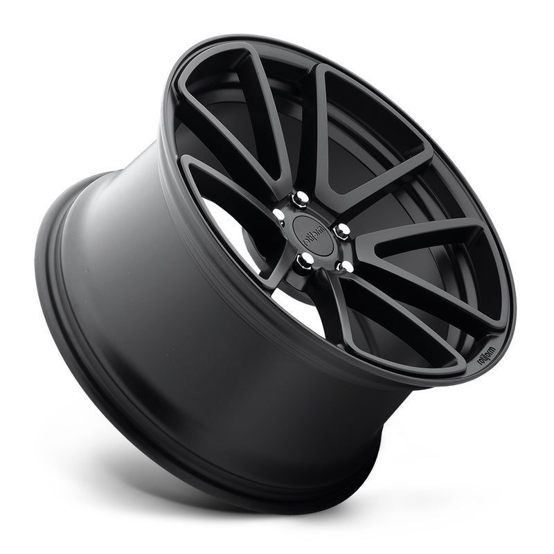 Tilted side view of a Rotiform SPF monoblock cast aluminum 5 double spoke design automotive wheel in a matte black finish with an embossed Rotiform logo on the outer edge lip and a black Rotiform logo center cap.