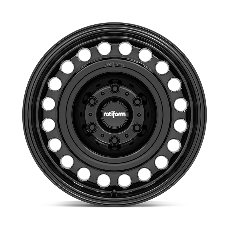 Front face view of a Rotiform STL monoblock cast aluminum automotive wheel in a gloss black with a 20 hole face pattern with Rotiform logo center cap.