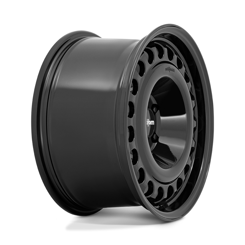 Side view of a Rotiform STL monoblock cast aluminum automotive wheel in a gloss black with a 20 hole face pattern with Rotiform logo center cap.