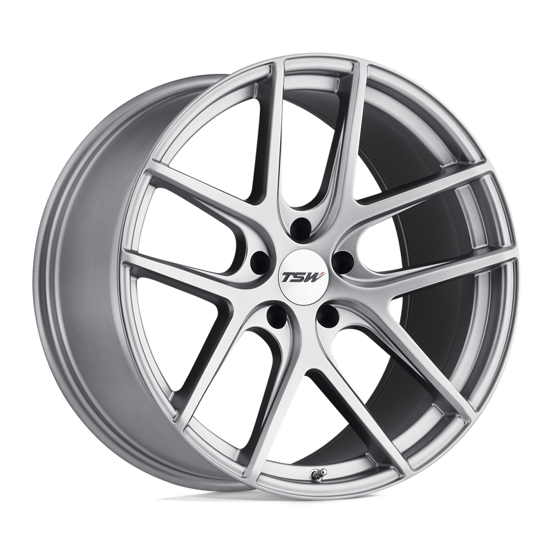 TSW Geneva 1 Piece Rotary Forged Aluminum, 5 Double Spoke Automotive Wheel In A Matte Titanium Silver Finish With A TSW Logo Center Cap.