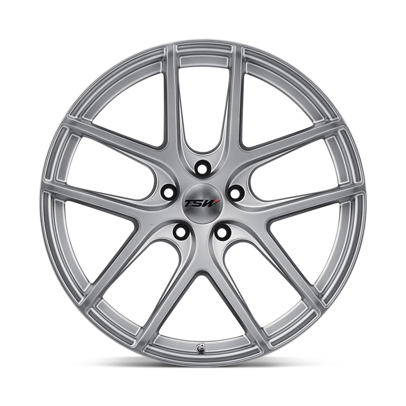 Front Face View Of A TSW Geneva 1 Piece Rotary Forged Aluminum, 5 Double Spoke Automotive Wheel In A Matte Titanium Silver Finish With A TSW Logo Center Cap.