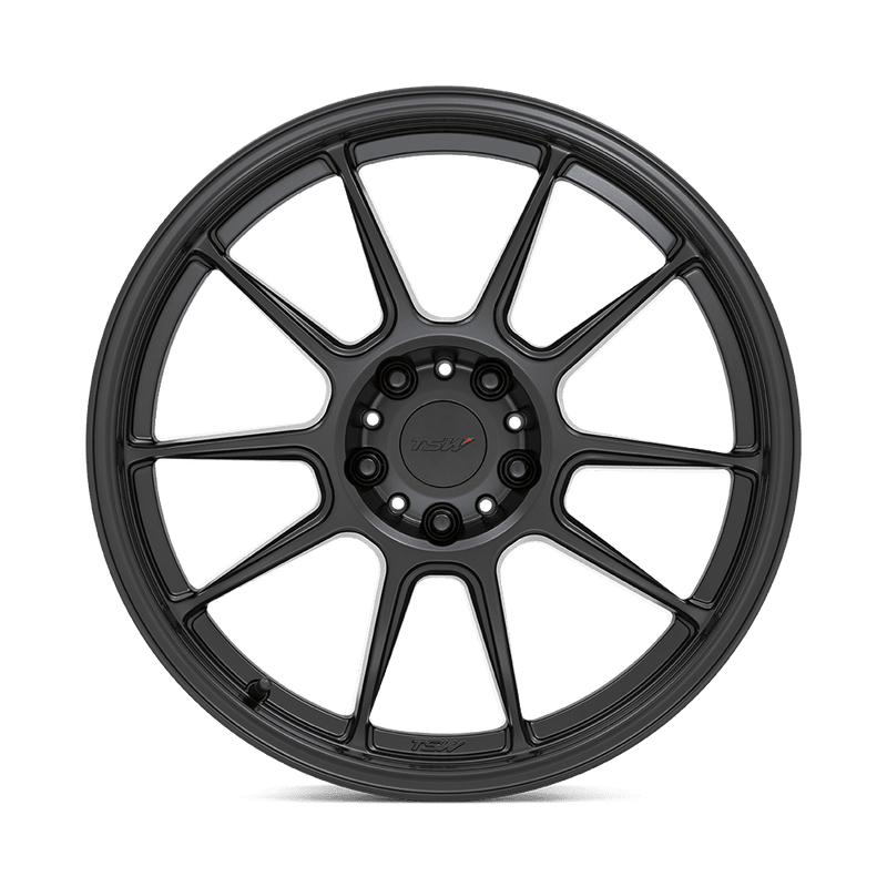TSW Imatra aluminum split 5 spoke automotive wheel with a deep recessed lug bowl in a matte black finish with a TSW logo center cap.