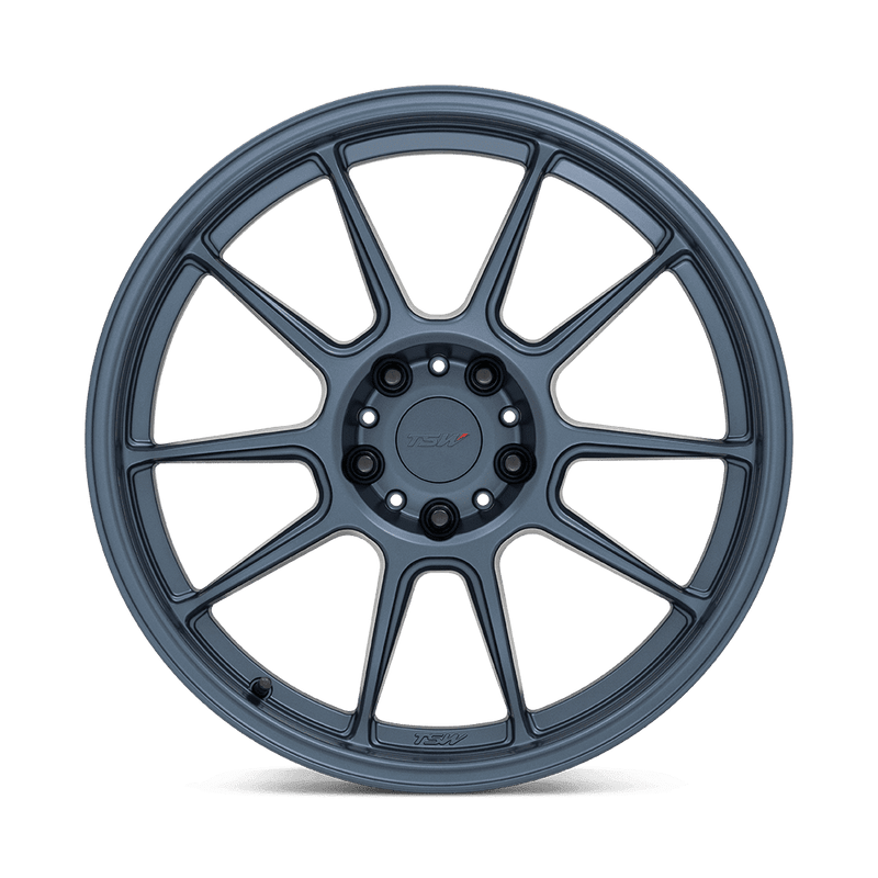 TSW Imatra flow formed wheel in a satin dark blue finish having a split 5 spoke design with a deep recessed lug bowl with TSW logo center cap.