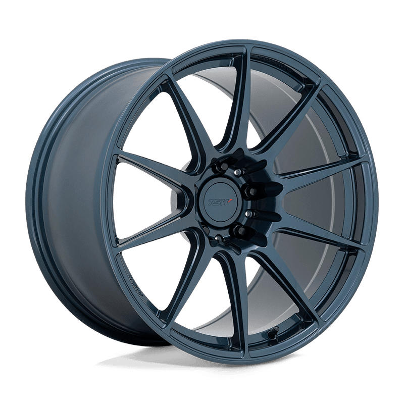 TSW Kemora flow formed 10 spoke concave profile aluminum automotive wheel in a gloss dark blue finish with TSW logo center cap.