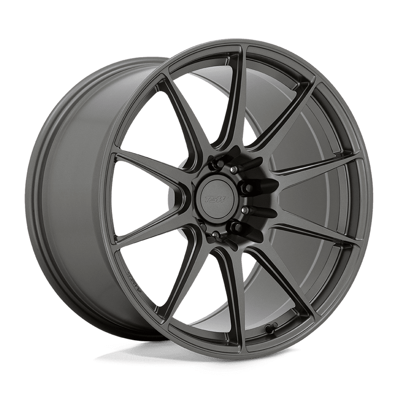 TSW Kemora flow formed 10 spoke concave profile automotive aluminum wheel in a matte gunmetal finish with a TSW logo center cap.