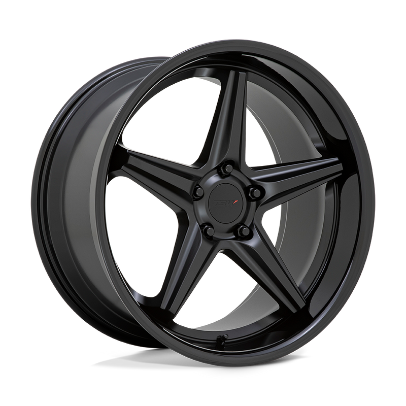 TSW Launch cast aluminum automotive wheel in a matte black  with gloss black lip finish having a 5 spoke design with spoke scalloping and a deep flat lip.