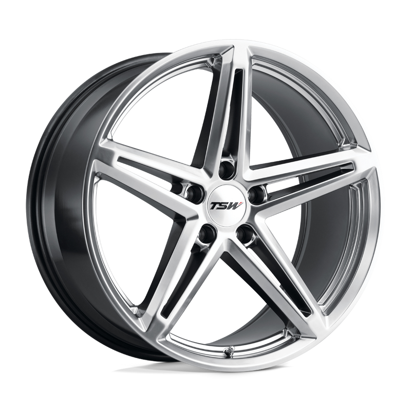 TSW Molteno 5 spoke cast aluminum automotive wheel in a hyper silver finish with a TSW logo center cap.