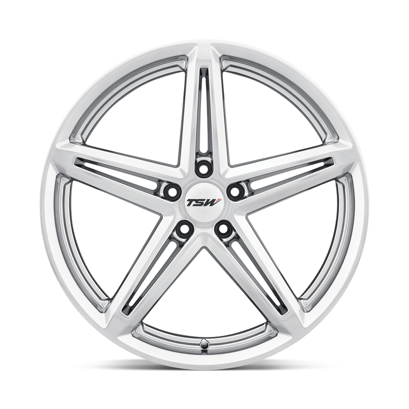 Front Face View Of A TSW Molteno Cast Aluminum 5 Spoke Automotive Wheel In A Hyper Silver Finish With A TSW Logo Center Cap.