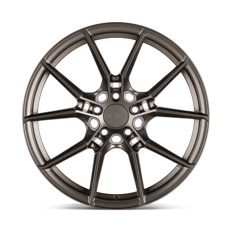 Front face view of a TSW Neptune flow formed aluminum automotive wheel in a matte bronze finish with a TSW logo center cap.