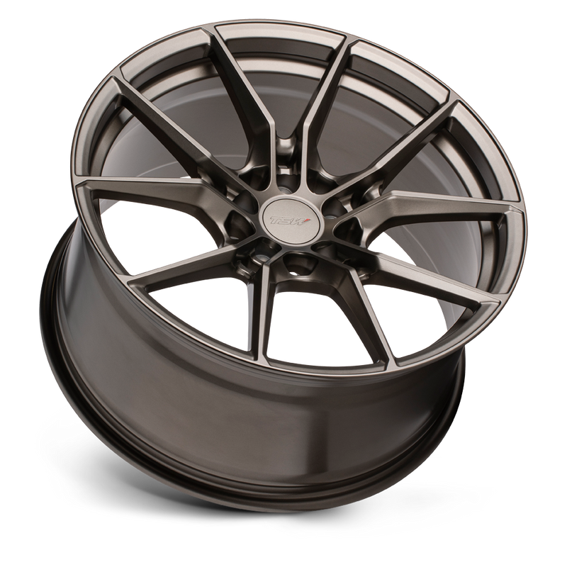 Tilted side view of a TSW Neptune flow formed aluminum wheel in a matte bronze finish with a TSW logo center cap.
