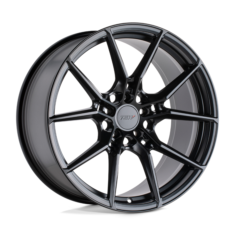TSW Neptune flow formed aluminum automotive wheel in a semi gloss black finish with a TSW logo center cap.