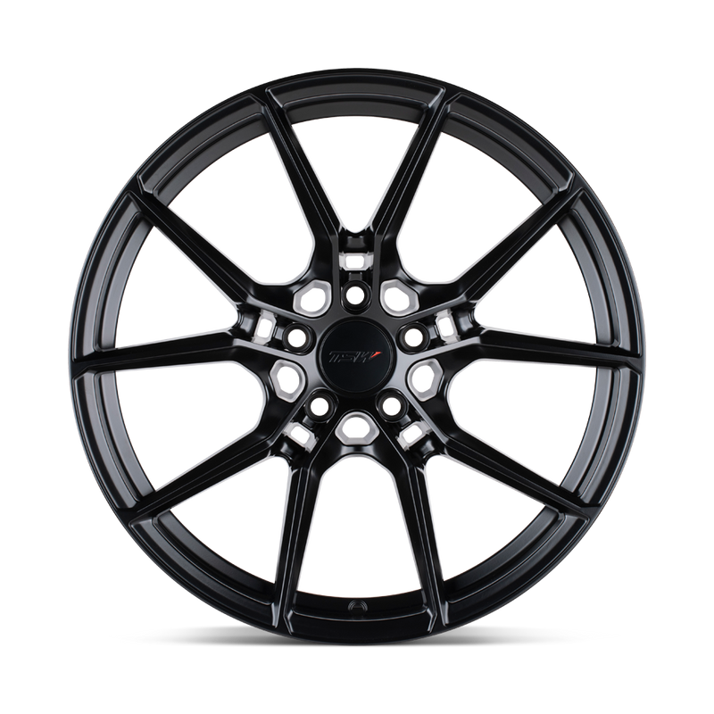 Front face view of a TSW Neptune flow formed aluminum automotive wheel in a semi gloss black finish with a TSW logo center cap.