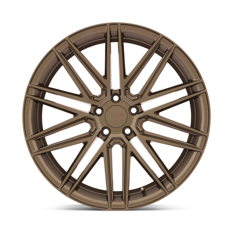 Front Face View Of A TSW Pescara Cast Aluminum Multi Spoke Automotive Wheel In A Bronze Finish With A TSW Logo Center Cap.