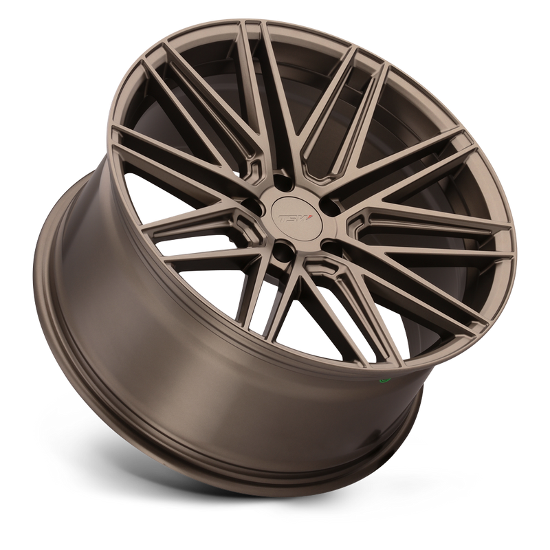 Tilted side view of a TSW Pescara multi spoke cast aluminum automotive wheel in a bronze finish with a TSW logo center cap.