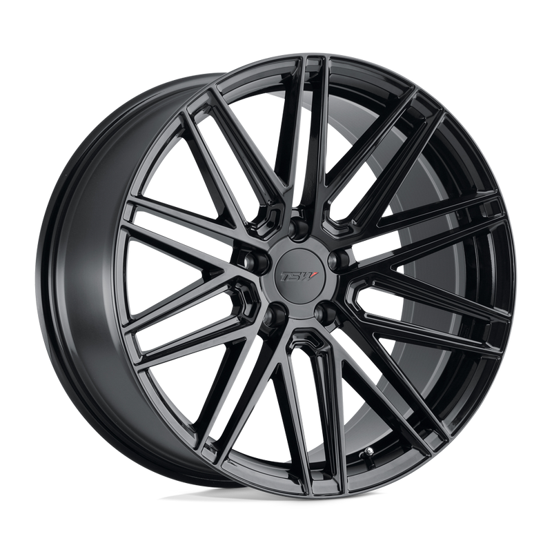 TSW Pescara cast aluminum multi spoke automotive wheel in a gloss black  finish with a TSW logo center cap.