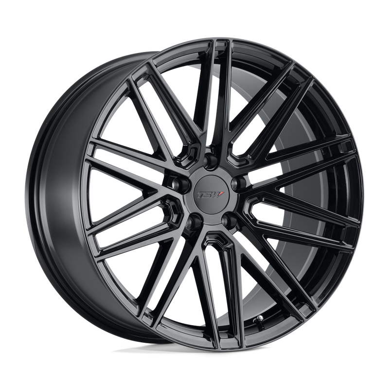 TSW Pescara Cast Aluminum Multi Spoke Automotive Wheel In A Gloss Black Finish With A TSW Logo Center Cap.