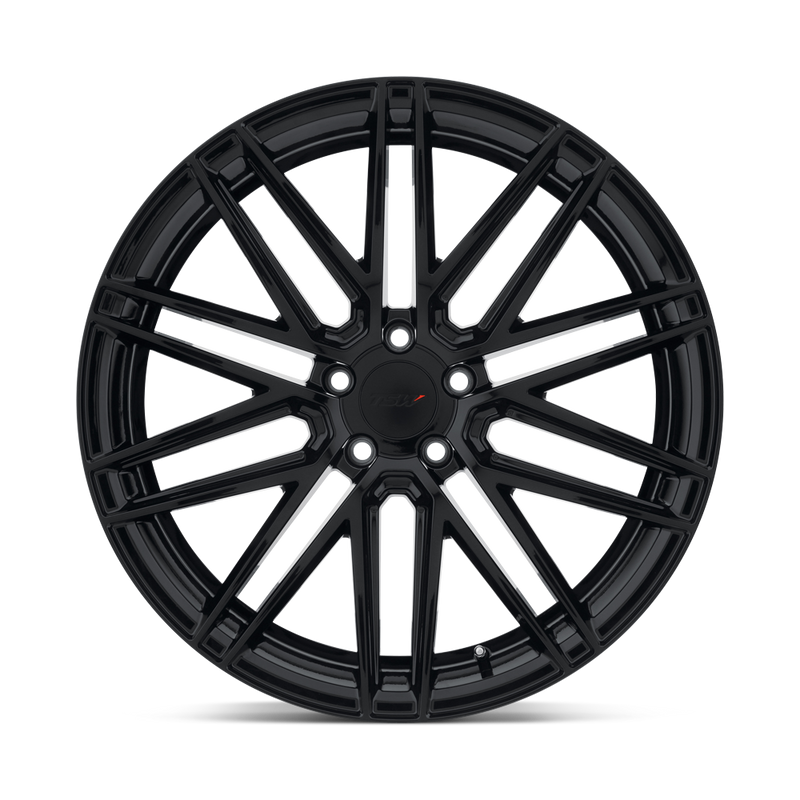 Front face view of a TSW Pescara cast aluminum multispoke automotive wheel in a Ggoss black finish with a TSW logo center cap.
