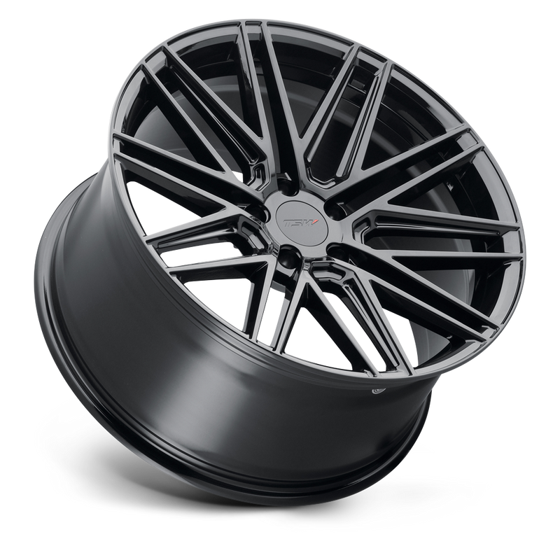 Tilted Side View Of A TSW Pescara Cast Aluminum Multi Spoke Automotive Wheel In A Gloss Black Finish With A TSW Logo Center Cap.