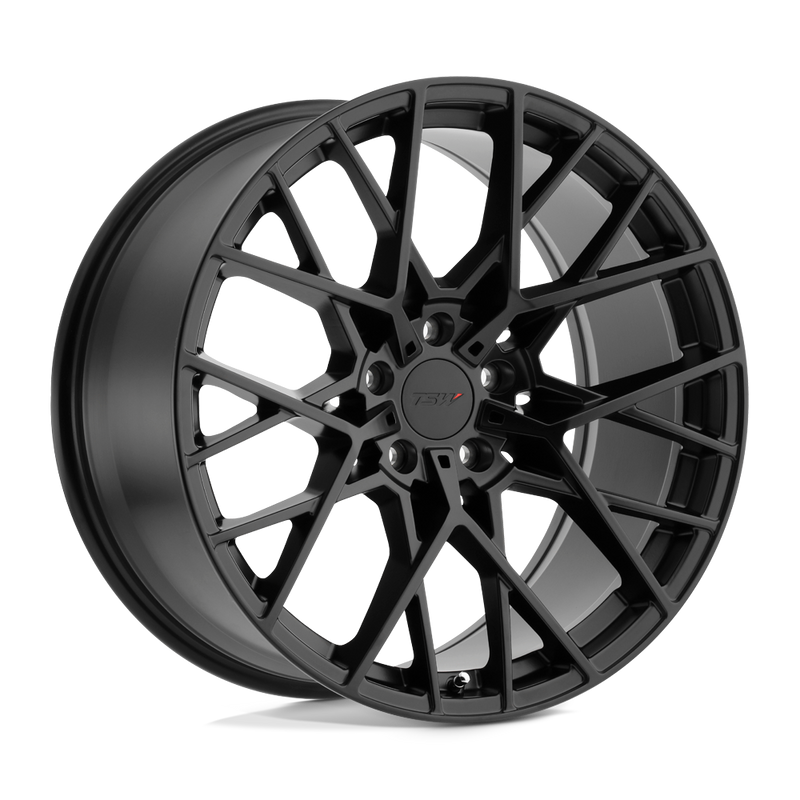 TSW Sebring Cast Aluminum V-Shaped Spoke Automotive Wheel In Matte Black Finish with a TSW Logo Center Cap.