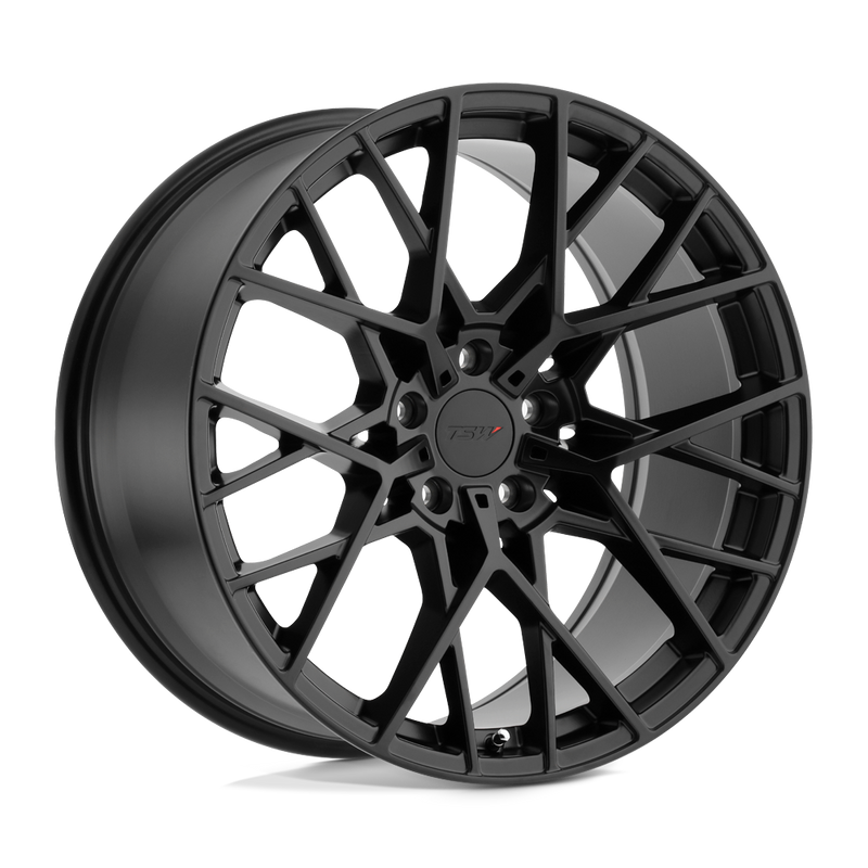 TSW Sebring cast aluminum multi spoke automotive wheel in a matte black finish with a TSW logo center cap.