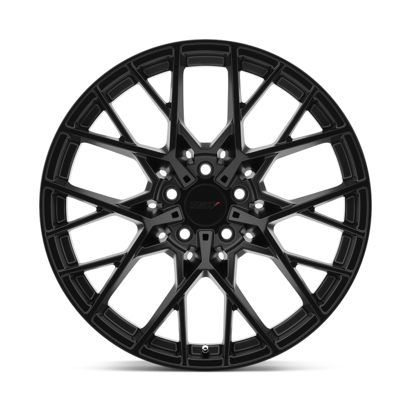 Front face view of a TSW Sebring cast aluminum multi spoke wheel in a matte black finish with a TSW logo center cap.