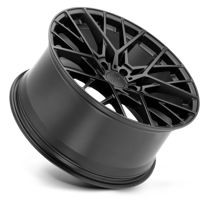 Tilted Side View Of A TSW Sebring Cast Aluminum Multi Spoke Automotive Wheel In A Matte Black Finish With A TSW Logo Center Cap.