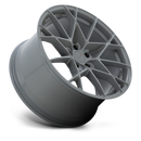 Tilted side view of a TSW Sector cast aluminum multi spoke automotive wheel with a battleship gray finish with a TSW logo center cap.