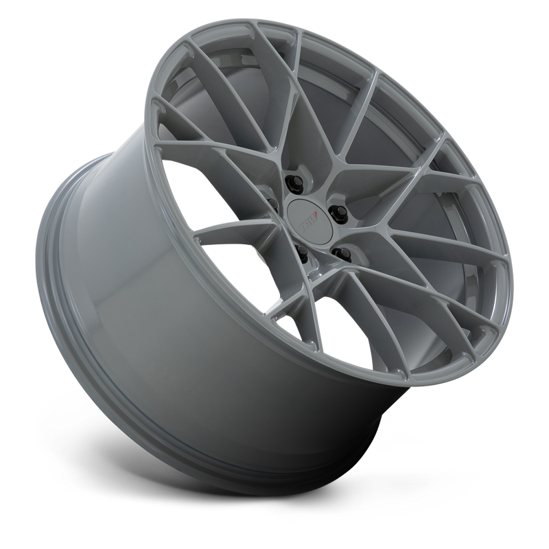 Tilted side view of a TSW Sector cast aluminum multi spoke automotive wheel with a battleship gray finish with a TSW logo center cap.