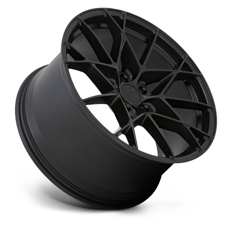 Tilted side view of a TSW Sector cast aluminum multi spoke automotive wheel in a semi gloss black finish with a TSW logo center cap.
