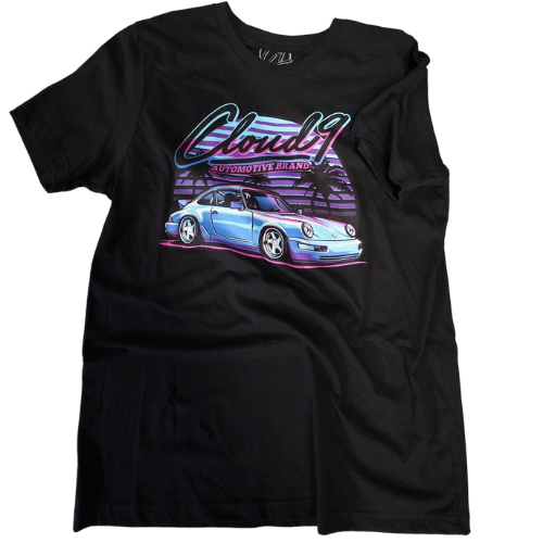 Front of black t-shirt with Cloud 9 Automotive Brand blue Porsche logo design