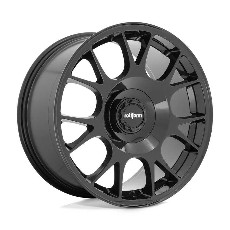 Rotiform TUF-R monoblock cast aluminum 7 spoke design automotive wheel in gloss black finish with a black center cap with a silver Rotiform logo.