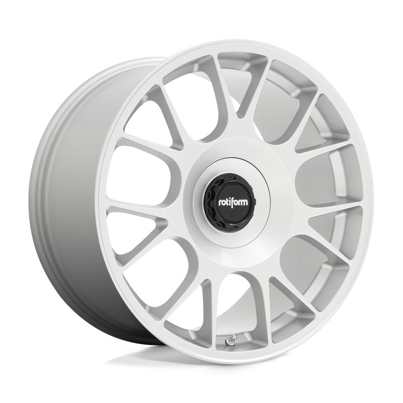 Rotiform TUF-R monoblock cast aluminum 7 spoke design automotive wheel in satin silver finish with a black center cap with a silver Rotiform logo.
