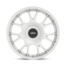 Front face view of a Rotiform TUF-R monoblock cast aluminum 7 spoke design automotive wheel in satin silver finish with a black center cap with a silver Rotiform logo.
